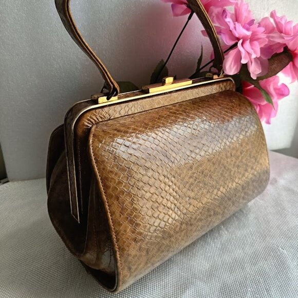 👜WIEN Vintage cylindrical caramel reptile / snake skin handbag - Picture 3 of 14
